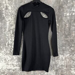 H&M Size S Cutout Crewneck Mini Sheath Dress Black Long Sleeve Pullover
